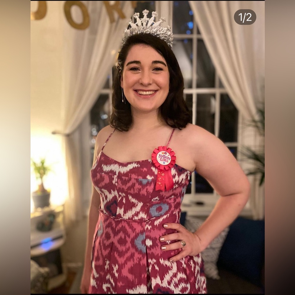 Pink A-Line Dress with White & Blue Pattern 🩷🤍🩵